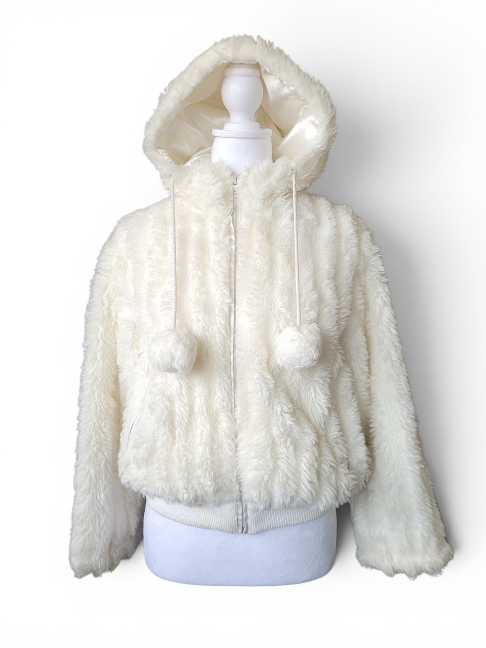 Vintage Cream Teddy Jacket with Hood and Pom Poms